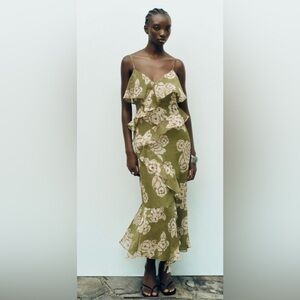 Zara green floral flowy midi dress
